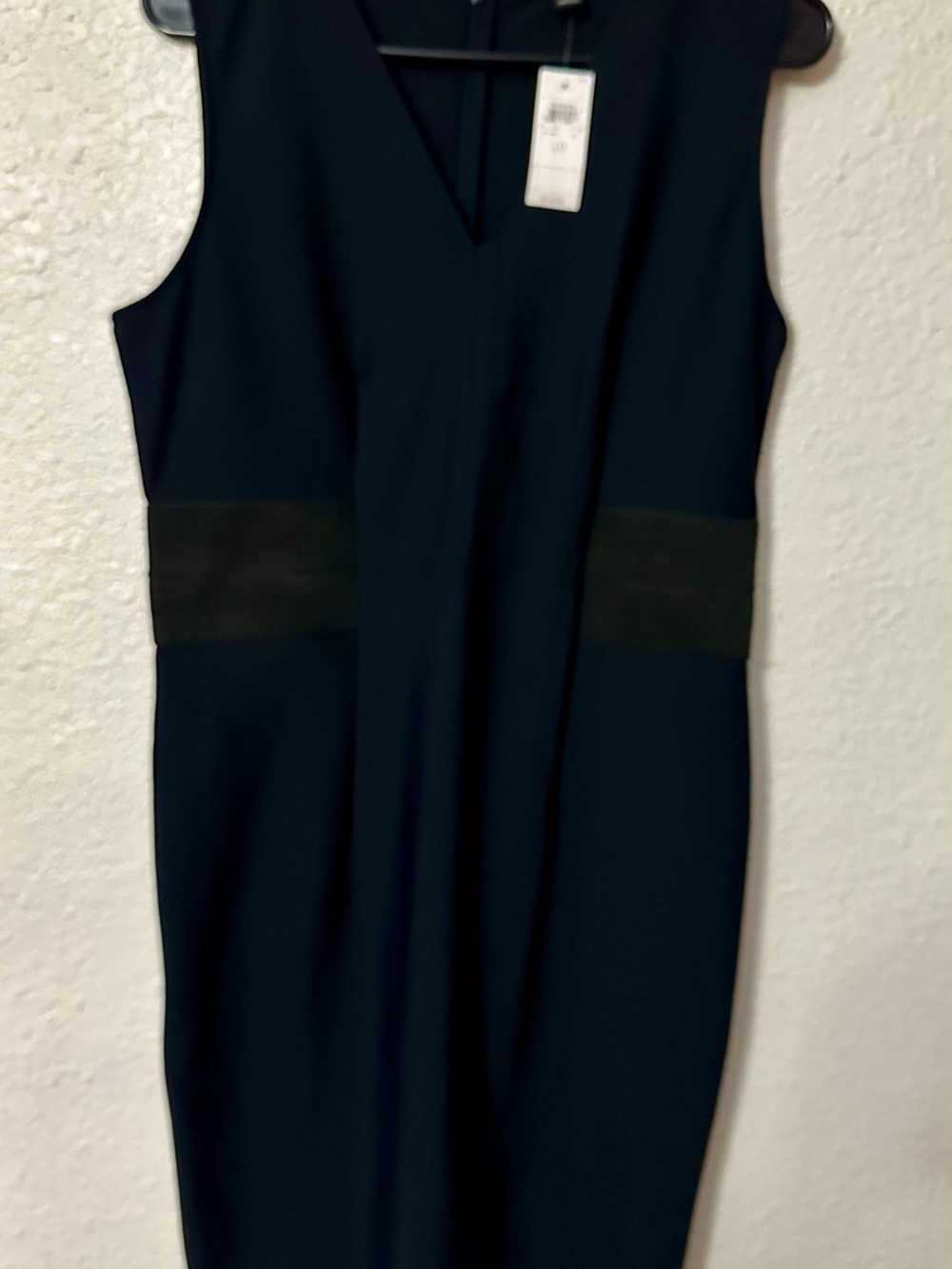 Ann Taylor Sleeveless V-Neck Sheath Dress in dark blue with Black Waist Panels